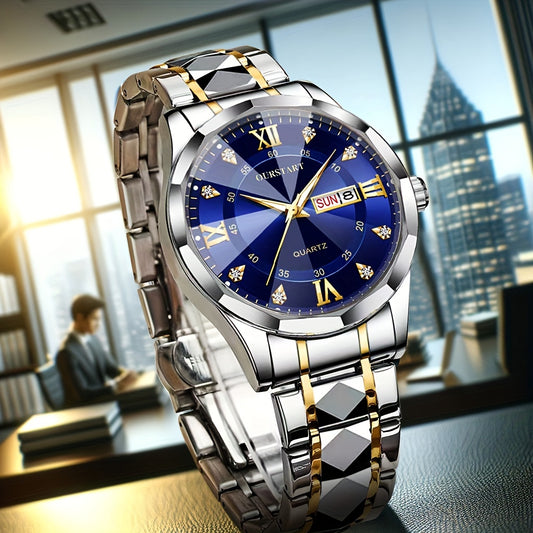 Տղամարդու նորաձև ոսկեգույն համաձուլվածքից, լուսավոր, գործնական, առօրյա քվարցե ժամացույց՝ պողպատե ժապավենով։