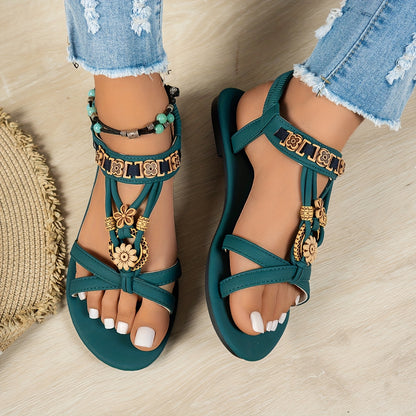 Women's Elegant Rhinestone Butterfly Flat Sandals - Black Open-Toe Slip-On with Golden Floral Buckles, Secure Elastic Strap for Summer Comfort, Ladies Sandals