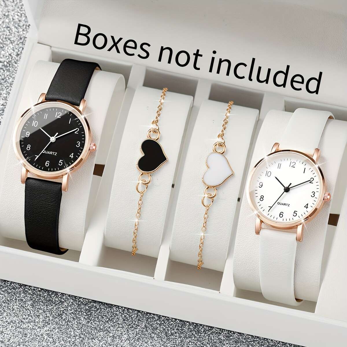 4pcs/set Elegant Women'S Quartz Watch and Heart Charm Bracelet Combo, Simple Fashion Analog Dial, Alloy Case, Faux Leather Strap, Round Shape - Battery Operated (Boxes Not Included) - Ayq