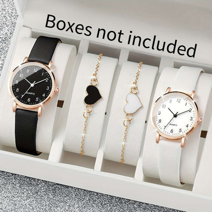 4pcs/set Elegant Women'S Quartz Watch and Heart Charm Bracelet Combo, Simple Fashion Analog Dial, Alloy Case, Faux Leather Strap, Round Shape - Battery Operated (Boxes Not Included) - Ayq