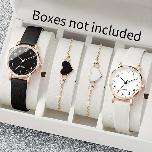 4pcs/set Elegant Women'S Quartz Watch and Heart Charm Bracelet Combo, Simple Fashion Analog Dial, Alloy Case, Faux Leather Strap, Round Shape - Battery Operated (Boxes Not Included) - Ayq