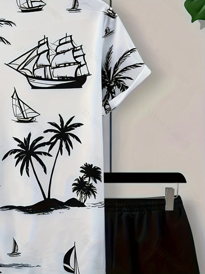 A set of 2 stylish Men's palm tree pattern summer fresh T-shirts and shorts, micro-stretch polyester knit fabric with a fitted fit, suitable for outdoor activities and family gatherings.