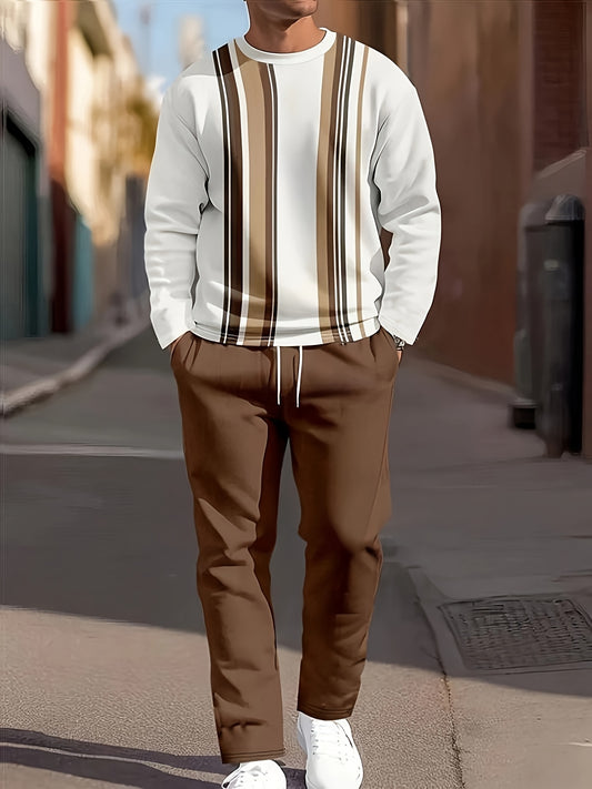 Տղամարդու առօրյա, կլոր օձիքով սվիտերի և ջոգերների հավաքածու՝ պոլիեսթերից, լվացքի մեքենայով լվացվող, տպագիր դիզայնով՝ գարուն/աշուն