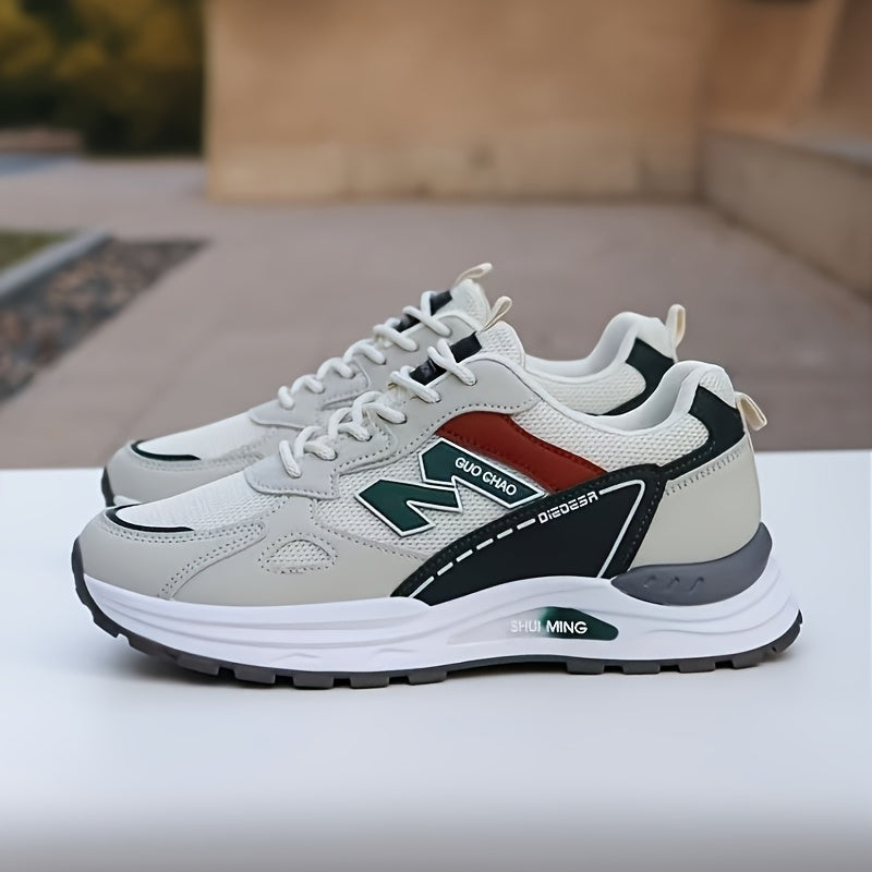 Տղամարդկանց շնչող ցանցե վազքի սպորտային կոշիկներ՝ ամուր, հակասահք, հոտակայուն, ռետինե ներբանով, գարնանային աշնան համար նախատեսված, ցածր, կապիչով դիզայնով, սպիտակ, սև և կանաչ գույներով։