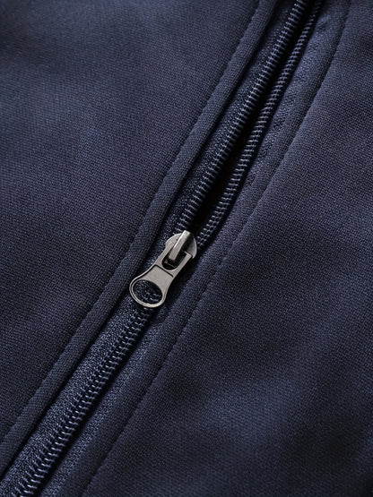 Տղամարդու մուգ կապույտ "Shan Yes" տպագրությամբ սպորտային հագուստ - ճարմանդով բաճկոն և գրպաններով մարզական տաբատ, ստանդարտ ֆիթ, գարնան և աշնան համար, հարմարավետ հանգստի հագուստ, հանգստի բաճկոն | սպորտային բաճկոն | ճարմանդով փակում, անհրաժեշտ բաճկոն