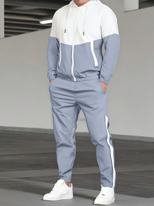 2pcs Men'S Casual Sportswear Set - Color Block Hooded Jacket and Pants, Polyester, Machine Washable, All-Season, with Pockets, Regular Fit, Spring Sportswear|Hooded Sportswear|Machine Washable Fabric
