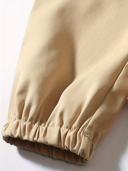 Men'S Fashion Cargo Pants, 100% Polyester Woven Fabric, All-Season Loose Fit with Drawstring Waist, Multi-Pocket Design, Solid Color, Mid Waist, Regular Length, Non-Stretch, Casual Joggers for Weekend - 160g/m²