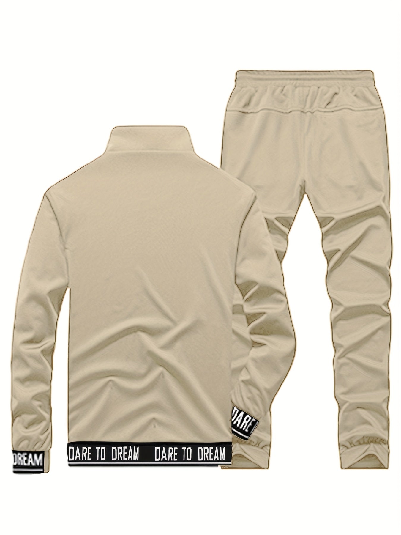 Տղամարդկանց ամենօրյա սպորտային հագուստի հավաքածու - բեժ գույնի ճարմանդով բաճկոն և մարզական տաբատ "DARE TO BE" տպագրությամբ, երկար թևերով, գրպաններով և քաշվող գոտիով, իդեալական է վազքի և հանգստի համար, գարուն/աշուն հավաքածու, գարուն-աշուն հագուստ | Zipup J