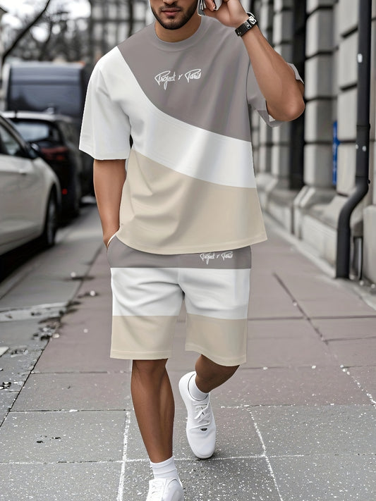 Ամառային նոր, կլոր վզնոցով կարճ թևքերով մարզաշապիկների հավաքածու, եռագույն պատչվորք նախշերով, կրծքավանդակի առջևի մասում նորաձև տառերով, առօրյա ոճով, պարզ համապատասխան հագուստ՝ հարմար ժամադրության համար։