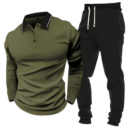 Տղամարդու առօրյա, գունային բլոկներով երկար թևքերով, կոճակներով վերնաշապիկ և լարով վազող տաբատ՝ պոլիեսթերի խառնուրդով, գրպաններով, իդեալական է գարնան/աշնան համար