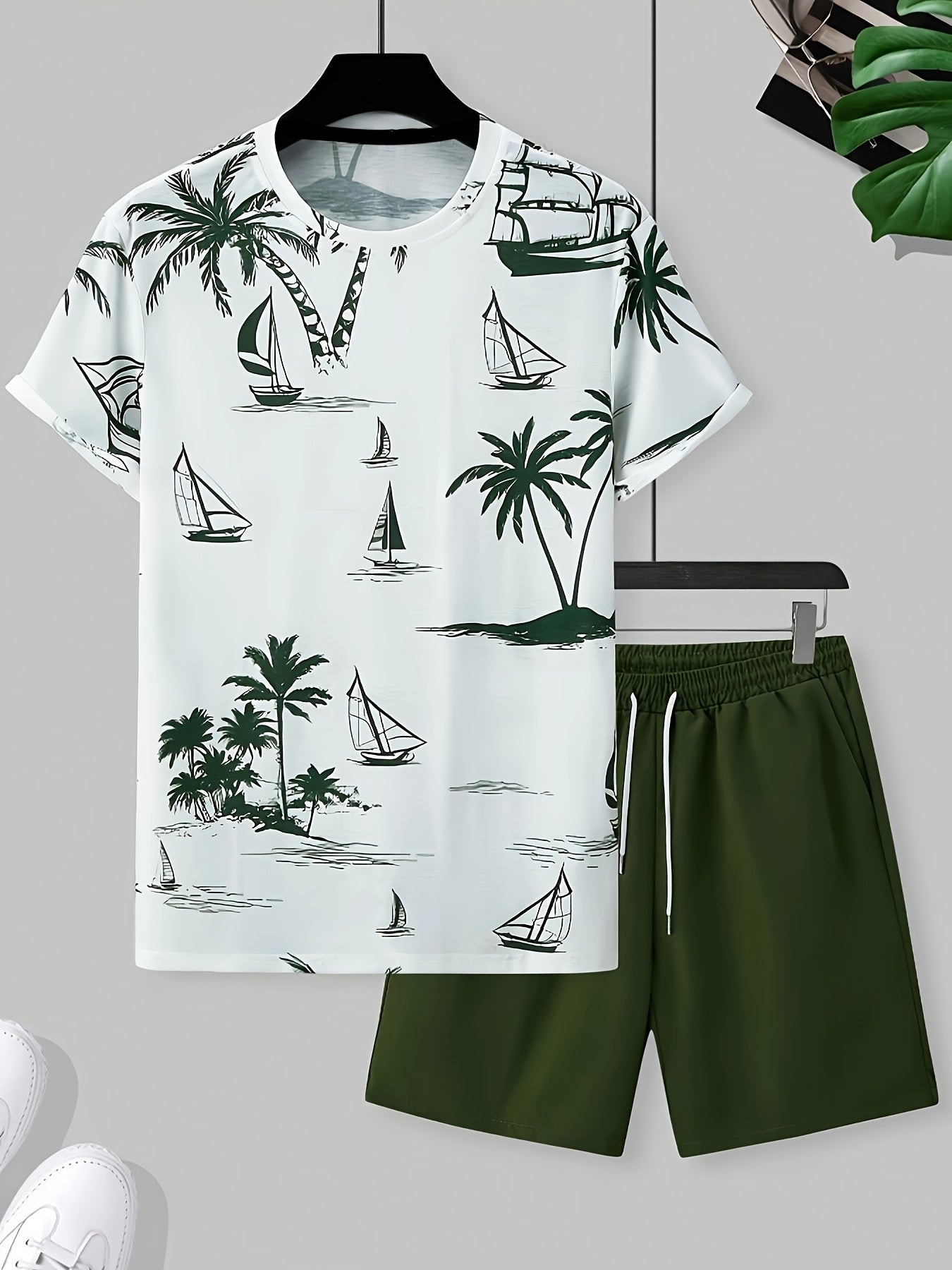 Men'S 2pcs Summer Outfit Set - Coconut & Yacht Print, Crew Neck, Knit Polyester 100%, Slight Stretch, Regular Fit, Casual Weekend Wear, 180gsm - Daily & Leisure Style