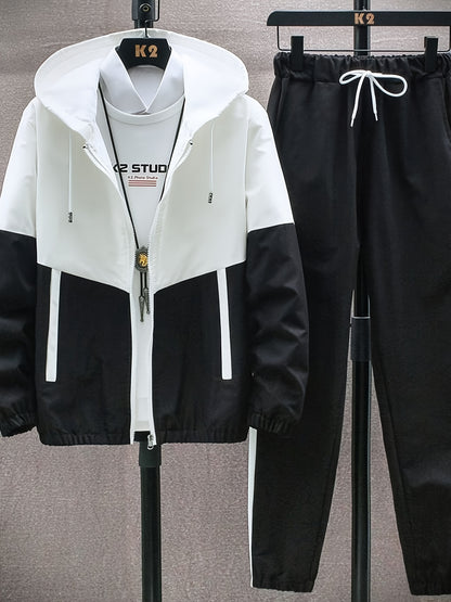 Տղամարդկանց գարուն-աշուն բացօթյա սպորտաձևերի մարզումների համար նախատեսված ամենօրյա գունային բլոկներով կարված վերնաշապիկով, կարգավորվող հավաքածու՝ տնային վերնաշապիկով և տաբատով, նորաձև քամուց պաշտպանող բաճկոնով, տաբատով, երկկտոր կոստյումով