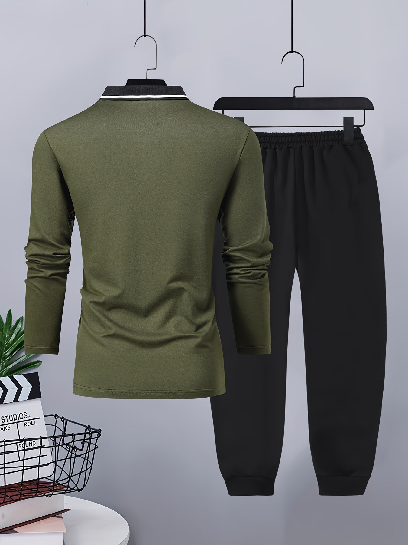 Տղամարդու առօրյա, գունային բլոկներով երկար թևքերով, կոճակներով վերնաշապիկ և լարով վազող տաբատ՝ պոլիեսթերի խառնուրդով, գրպաններով, իդեալական է գարնան/աշնան համար