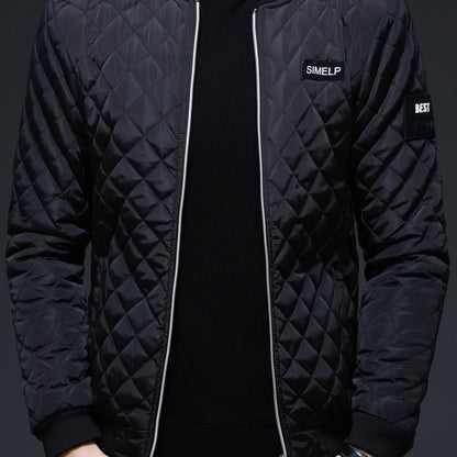 Men's Casual Quilted Zip Up Jacket, Chic Baseball Collar Jacket For Fall Winter