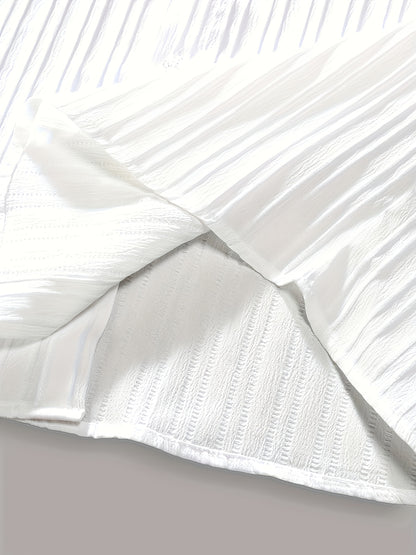 2-Piece Men's Summer Striped Polyester Suit, Short Sleeve Stand Collar Shirt and Drawstring Pants, Non-Stretch Fabric, Suitable for Casual Wear and Beach Vacation, Solid Color