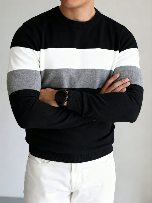 Men's Sweater with Color Block Design, Slim Fit, Crew Neck Pullover, Autumn/Winter Style