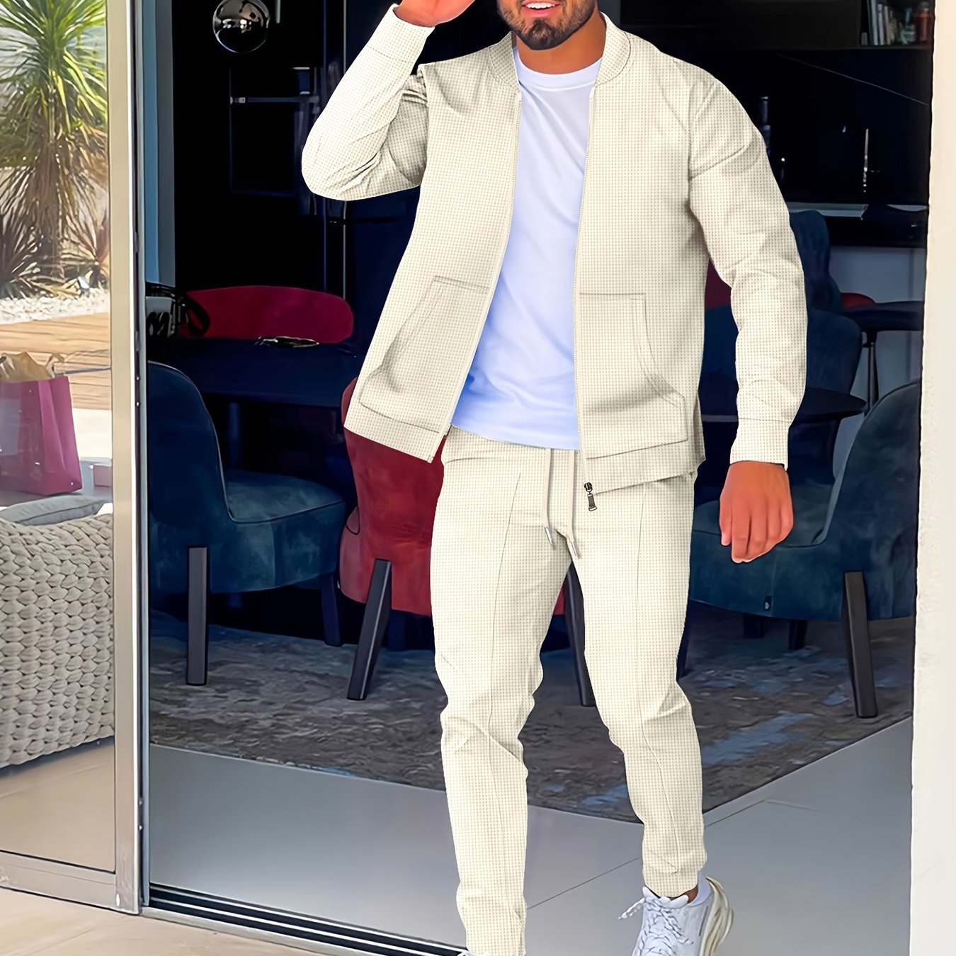 Բեյսբոլի օձիքով բաճկոնի և տաբատի հավաքածու՝ վաֆլի գործվածքից