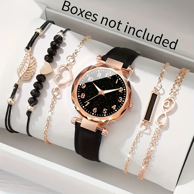 6pcs Women'S Watch Set, Simple Style Quartz Movement, Round Case, PU Leather Band, Non-rechargeable Button Battery, with Elegant Ladies Wrist Watch Gift Set for Christmas, New Year, Birthday - Ayq