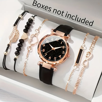 6pcs Women'S Watch Set, Simple Style Quartz Movement, Round Case, PU Leather Band, Non-rechargeable Button Battery, with Elegant Ladies Wrist Watch Gift Set for Christmas, New Year, Birthday - Ayq
