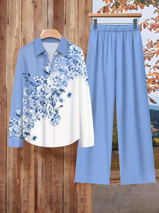 Կանացի նրբագեղ հավաքածու՝ հակադիր ծաղկային նախշերով երկար թևքով, կլոր վերնաշապիկով և միագույն, ազատ տաբատով, երկու մասից բաղկացած հավաքածու