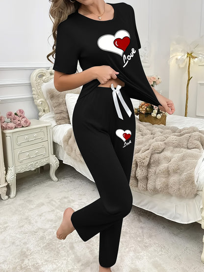 Casual Leisure Suit, Women's Double Love Print Short Sleeve Round Neck T-shirt and Pants Pajama Two-Piece Set Casual Comfortable Soft Home Clothes