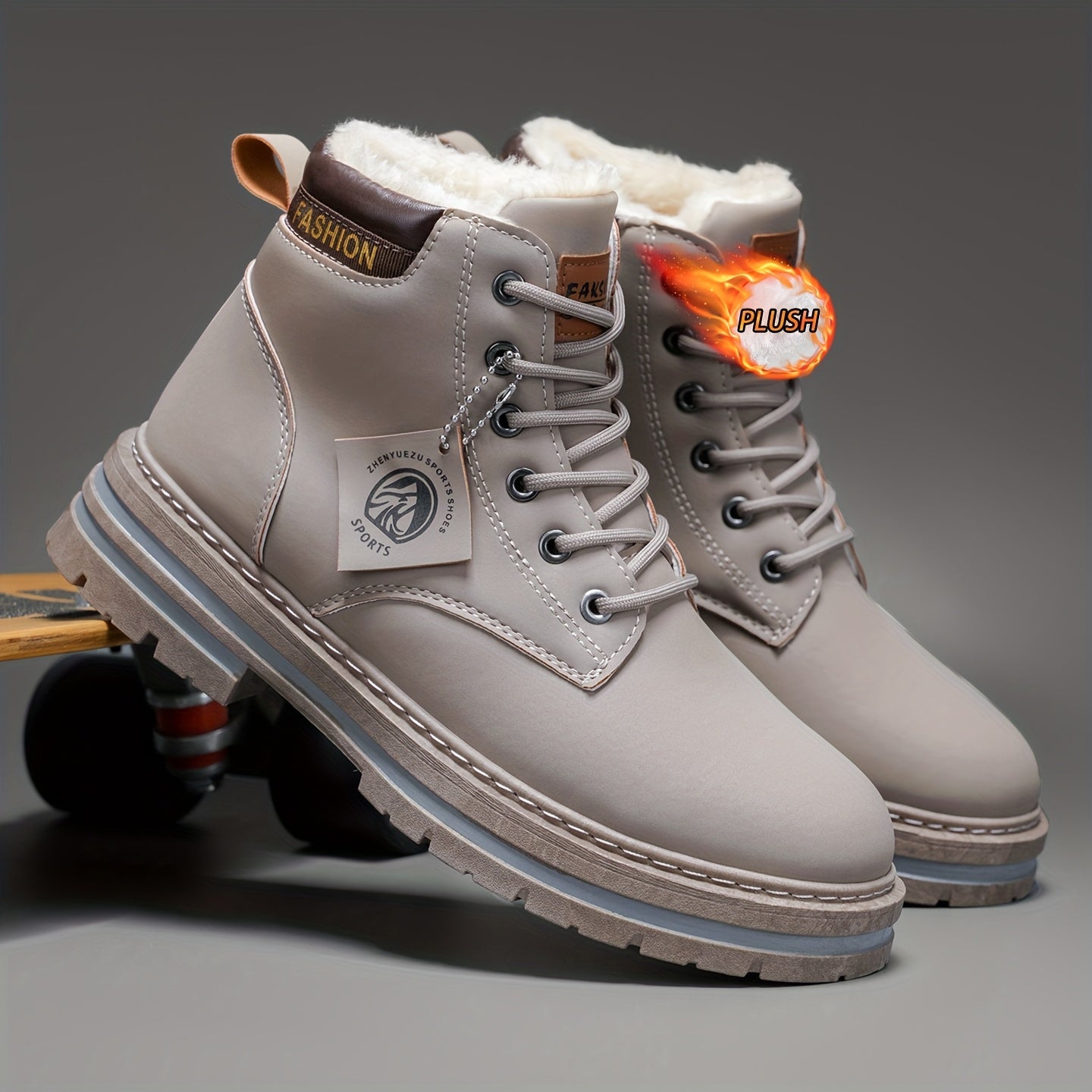 Men's Snow Sports Training Shoes for Autumn and Winter, Featuring a Plush-lined Thick Design for All-over Comfort. Soft, Light Beige-friendly, and Thickly Insulated for Warmth, Suitable for Various Winter Leisure Activities.