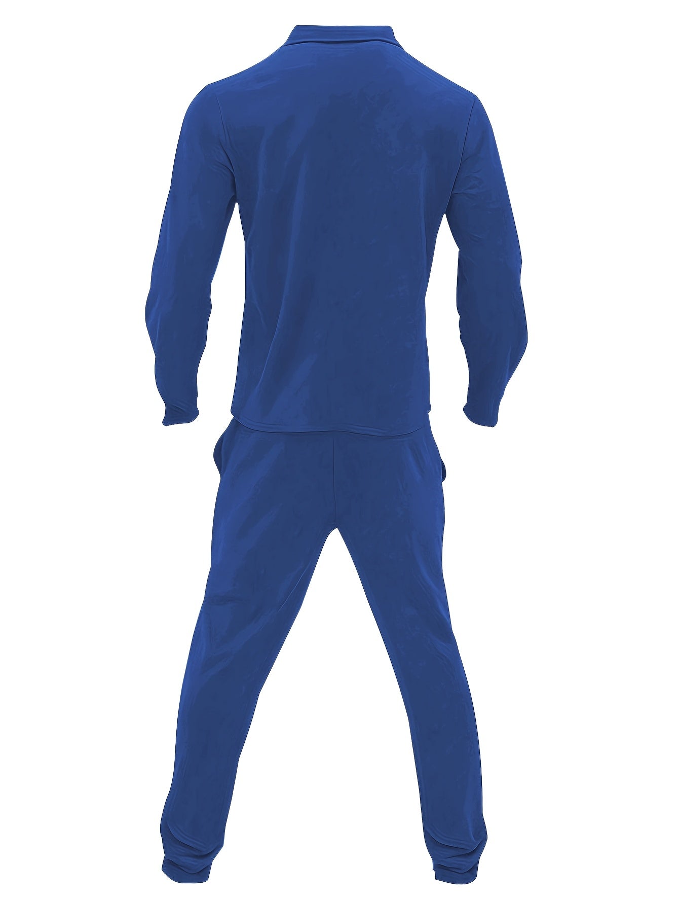 Տղամարդու 1 հավաքածու՝ միագույն պոլիեսթերից պատրաստված առօրյա հագուստ՝ երկար թևքերով, կոճակներով և օձիքով բաճկոնով, գրպաններով և լարով երկար տաբատի հավաքածու՝ աշուն/ձմեռ