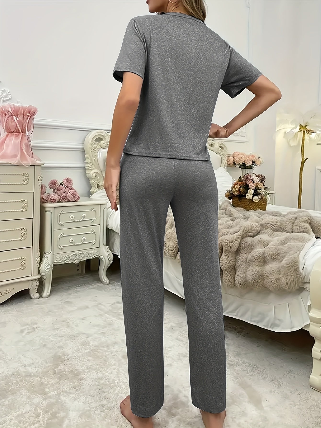 Casual Leisure Suit, Women's Double Love Print Short Sleeve Round Neck T-shirt and Pants Pajama Two-Piece Set Casual Comfortable Soft Home Clothes