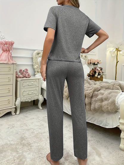 Casual Leisure Suit, Women's Double Love Print Short Sleeve Round Neck T-shirt and Pants Pajama Two-Piece Set Casual Comfortable Soft Home Clothes