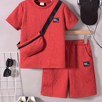 Տղաների համար նախատեսված ոճային սպիտակ կարճ թևքով մարզաշապիկ + առօրյա շորտեր + նորաձև կրծկալով պայուսակի հավաքածու, իդեալական է բացօթյա օգտագործման համար