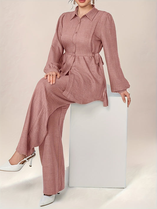 Կանացի միագույն երկար թևքերով, հանգույցավոր գոտկատեղով, միաշերտ վերնաշապիկ և տաբատ, էլեգանտ, ճանապարհորդական հավաքածու, երկու կտորից բաղկացած ամառային, աշնանային, կանացի հագուստ, գրասենյակային, գործնական, առօրյա, կանացի կոստյում