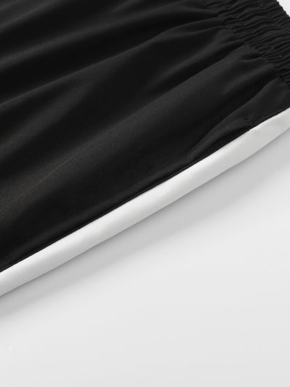 Men'S Casual Sportswear Set - 2pcs Autumn Fashionable Lightweight Fleece Jacket & Pants, Black & White with Red & Gray Accents, Perfect for Outdoor Activities & Casual Wear, Outdoor Casual Wear | Stylish Sportswear | Comforta