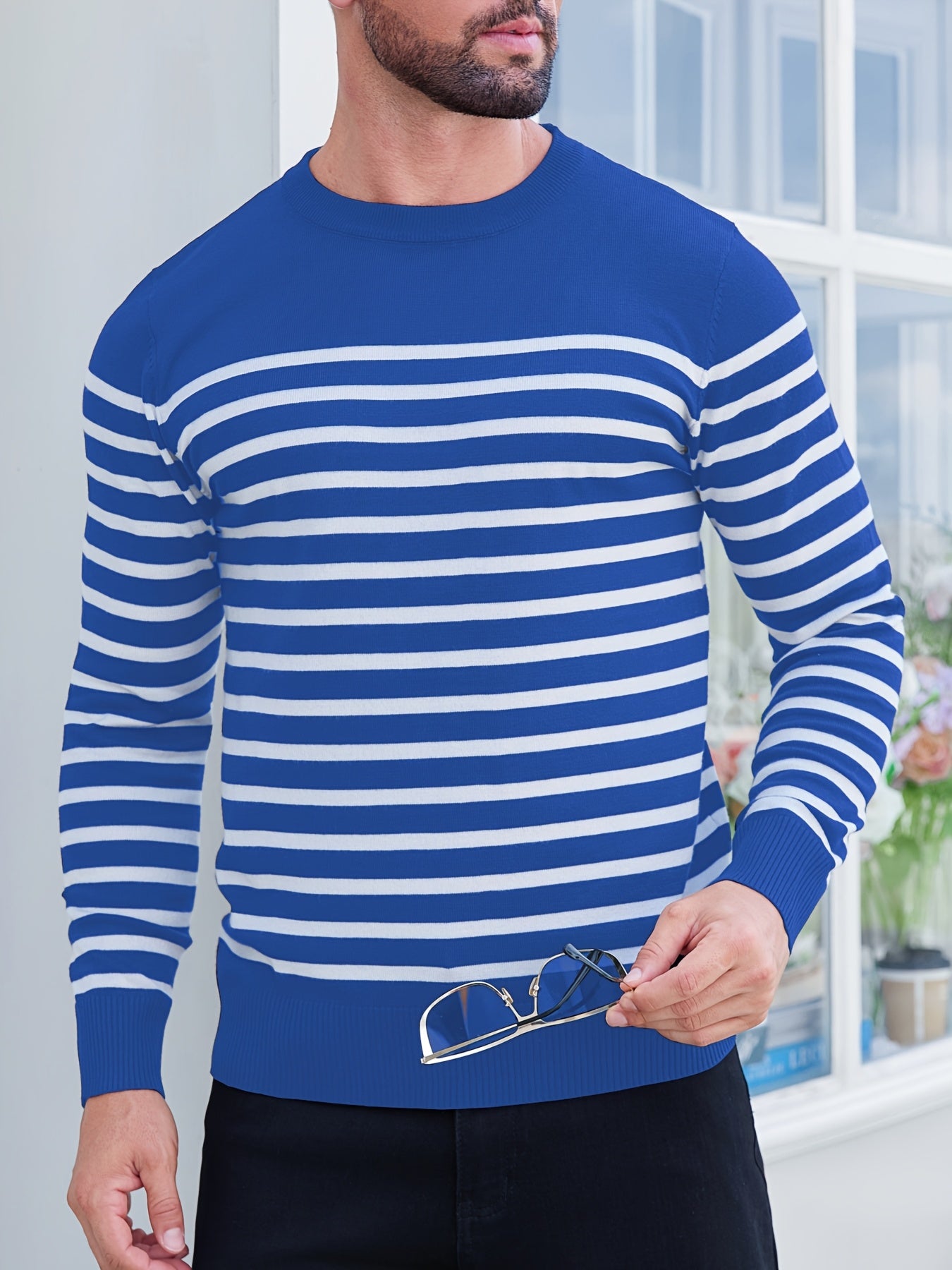 Գարնանային և աշնանային ամենօրյա երկգույն գծավոր տղամարդու սվիտեր-պուլովեր՝ գունավոր բլոկներով, կլոր վզնոցով, տղամարդու տրիկոտաժե վերնաշապիկ