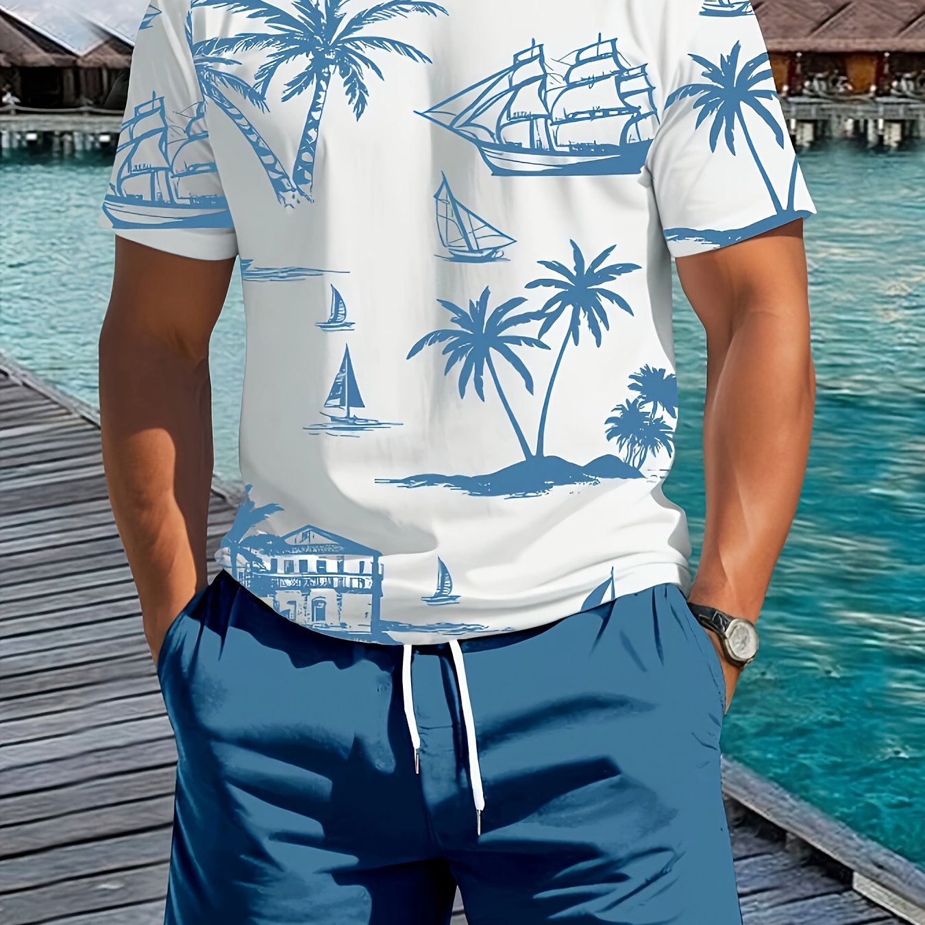 Men'S 2pcs Summer Outfit Set - Coconut & Yacht Print, Crew Neck, Knit Polyester 100%, Slight Stretch, Regular Fit, Casual Weekend Wear, 180gsm - Daily & Leisure Style