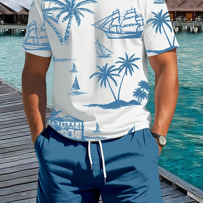 Men'S 2pcs Summer Outfit Set - Coconut & Yacht Print, Crew Neck, Knit Polyester 100%, Slight Stretch, Regular Fit, Casual Weekend Wear, 180gsm - Daily & Leisure Style