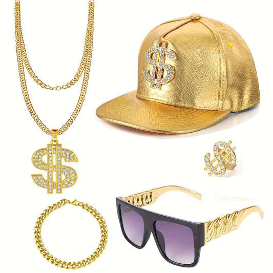 5pcs Hip Hop Costume Kit 80s 90s Rapper Accessories Set Golden Rapper Hat Baseball Cap Punk Fashion Glasses Golden Dollar Sign Pendant Necklace Ring Bracelet for Men Women Carnivals, throwback party Outfit Halloween Jewelry f