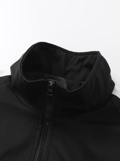 Men'S Casual Sportswear Set - 2pcs Autumn Fashionable Lightweight Fleece Jacket & Pants, Black & White with Red & Gray Accents, Perfect for Outdoor Activities & Casual Wear, Outdoor Casual Wear | Stylish Sportswear | Comforta