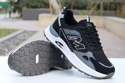 Տղամարդկանց շնչող ցանցե վազքի սպորտային կոշիկներ՝ ամուր, հակասահք, հոտակայուն, ռետինե ներբանով, գարնանային աշնան համար նախատեսված, ցածր, կապիչով դիզայնով, սպիտակ, սև և կանաչ գույներով։