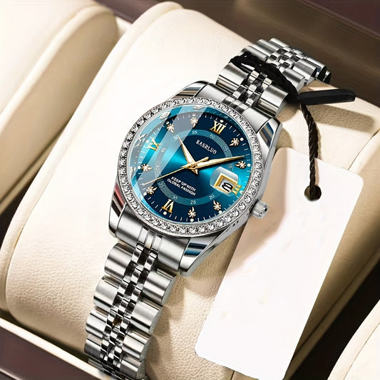 KASRLUO կանացի չժանգոտվող պողպատից քվարցե ժամացույց՝ լուսարձակող քարերով ամսաթվի ցուցիչով, կապույտ ցուցատախտակով և ոսկեգույն ժապավենով - Էլեգանտ գործնական ոճ, առօրյա նրբագեղություն | Էլեգանտ ժամացույց | Լուսարձակող ցուցատախտակ