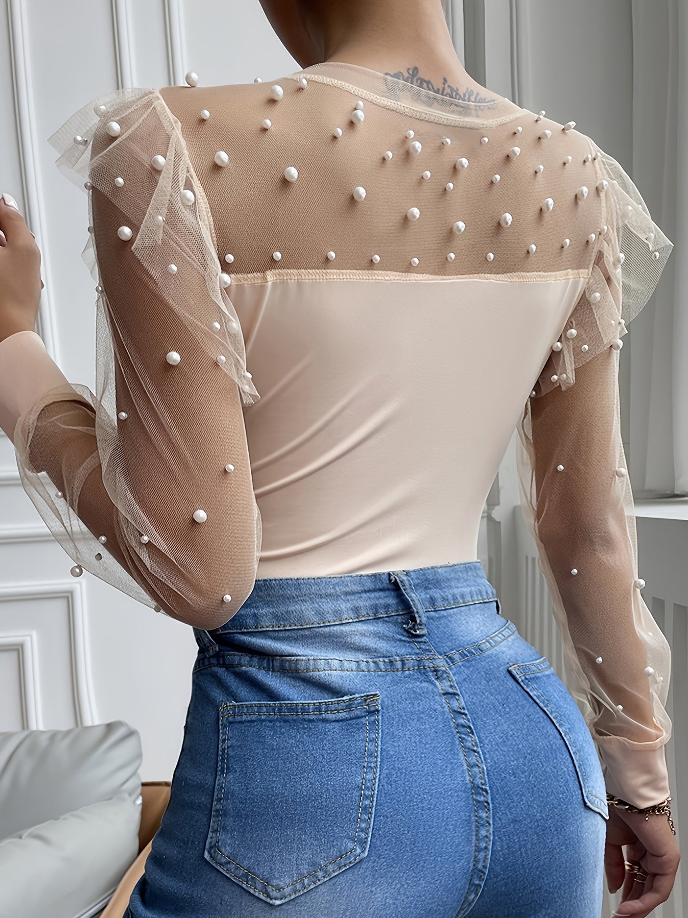 Women's Elegant Pearl-Embellished Long Sleeve T-Shirt with Mesh Panel Detailing - Semi-Sheer Round Neck Top, Medium Stretch & Machine Washable for Spring Summer Fall Casual Wear, Seasonal Fashion, Chic Fabric Mix