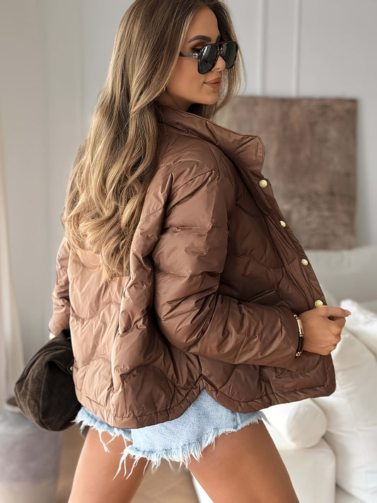 's Elegant Short Winter Jacket - Brown Full-Zip Coat with Golden-Tone Button Closure, Machine Washable Outerwear for Fall & Winter, Casual to Formal Wear (White/Pink/Black/Navy/ Brown) - Jacket Only