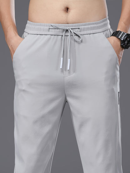 Men's Slim Fit Casual Drawstring Sports Pants, Summer Lightweight Trendy Elastic Quick-Dry Long Trousers, Stylish Comfortable Leisure Wear