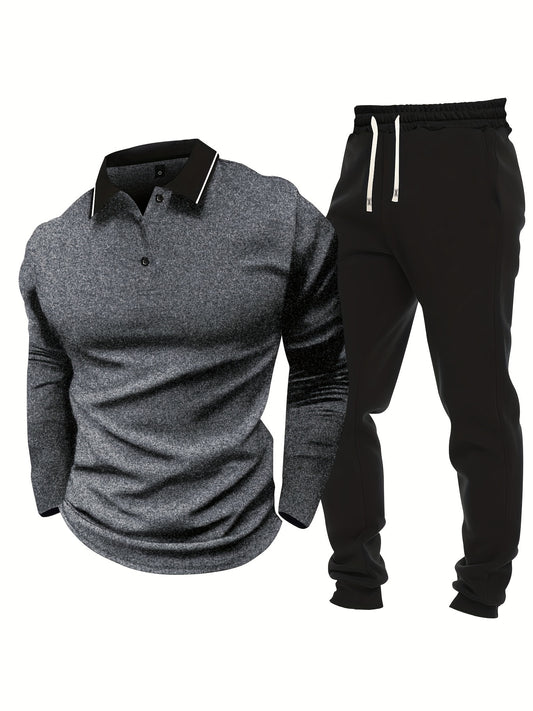 Տղամարդու առօրյա, գունային բլոկներով երկար թևքերով, կոճակներով վերնաշապիկ և լարով վազող տաբատ՝ պոլիեսթերի խառնուրդով, գրպաններով, իդեալական է գարնան/աշնան համար