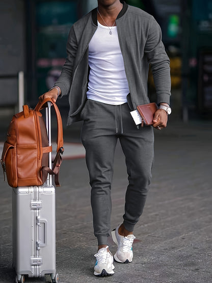 Տղամարդու առօրյա նորաձև կոստյումի հավաքածու՝ պոլիեսթերից, կանգնած օձիքով, կայծակաճարմանդով բաճկոն և լարով տաբատ՝ գարնանային/աշնանային համար