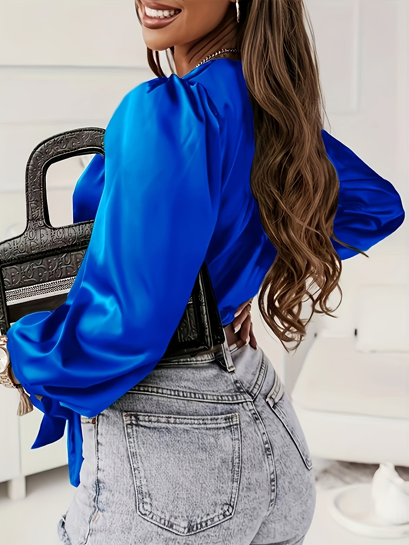 Գոտիով և խաչաձև օձիքով վերնաշապիկ BK052832, Գարնանային և աշնանային կանացի էլեգանտ երկարաթև կարճ վերնաշապիկ W0124