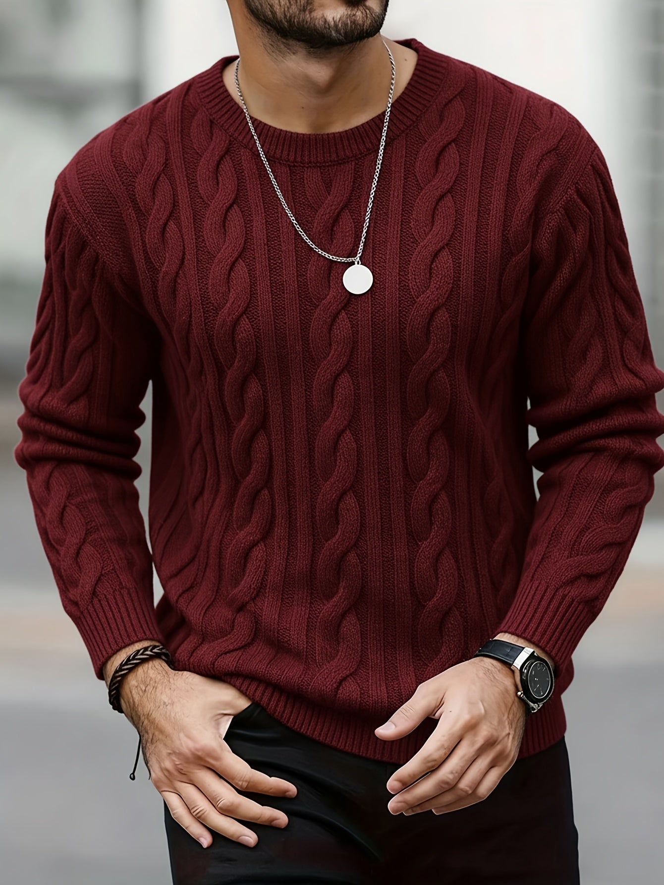 New Autumn-Winter Men's Casual Commuter Solid Color Crew Neck Knit Pullover