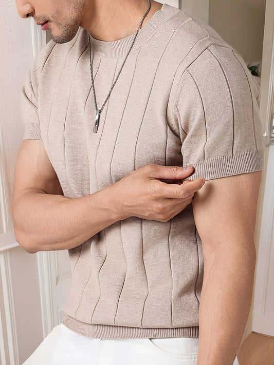 Men's Slim Fit Striped Textured Knit Crew Neck T-Shirt - High Elasticity Short Sleeve Casual Top for Spring/Autumn, Breathable Daily Leisurewear, Spring Fashion, Classic Style, Durable Construction, Pullover Shirt, Stylish Me