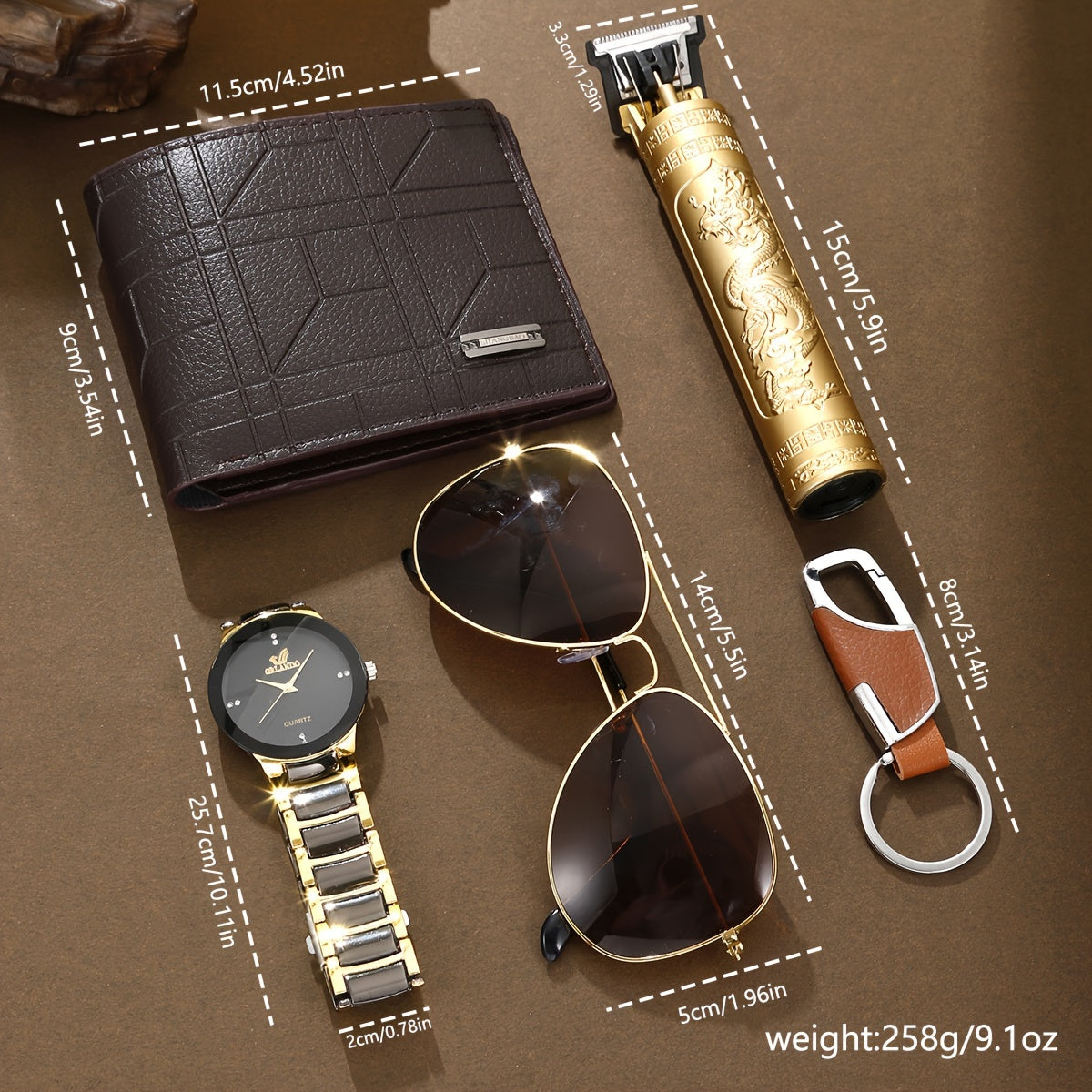 5pcs Men's New Fashionable Multifunctional Elegant Watch Gift Set with Business Steel Strap, Multi-Function Wallet, Glasses, Keychain, Hair Clipper, Suitable as His Holiday Present, Perfect for Thanksgiving