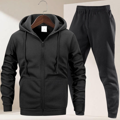 Autumn Winter Men's Hooded Sportswear Set, Simple Classic Versatile Outfit with Zip-Up -Lined Warm Jacket and Drawstring Sweatpants for Casual Leisurewear