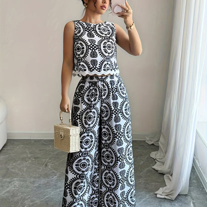 2 հատ կանացի բուսական նախշերով կլոր վզնոցով անթև վերնաշապիկի և տաբատի հավաքածու